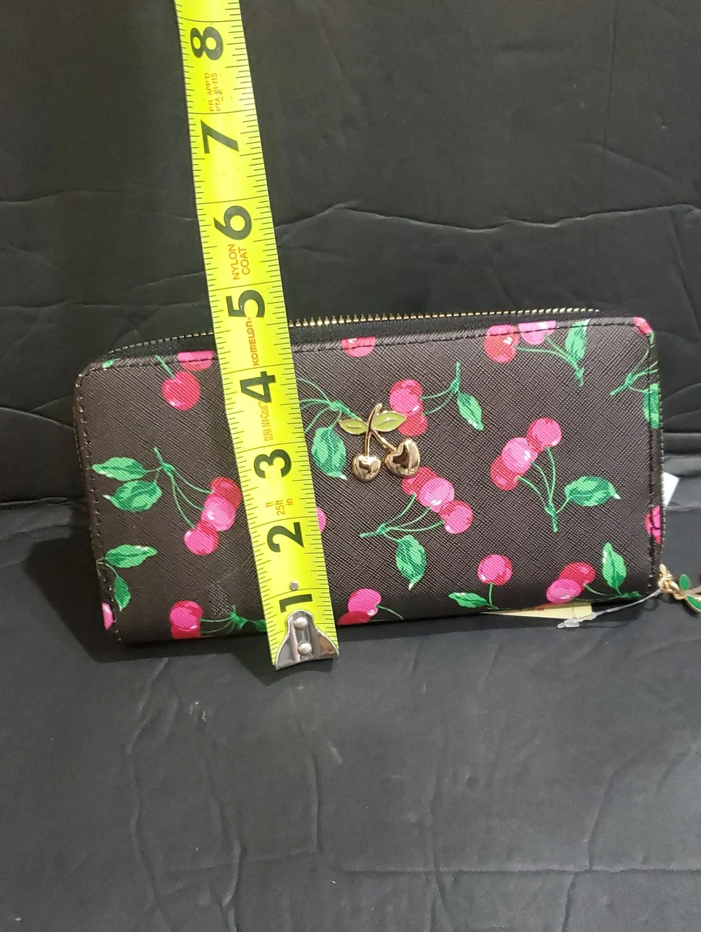 Black and pink cherry printed zip around long wallet with cherry charm brand new